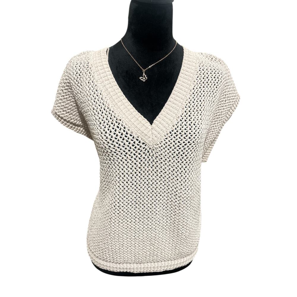 Joie Tan and Gold Short-Sleeve-V Neck-Knit Top-Size XL-NWOT